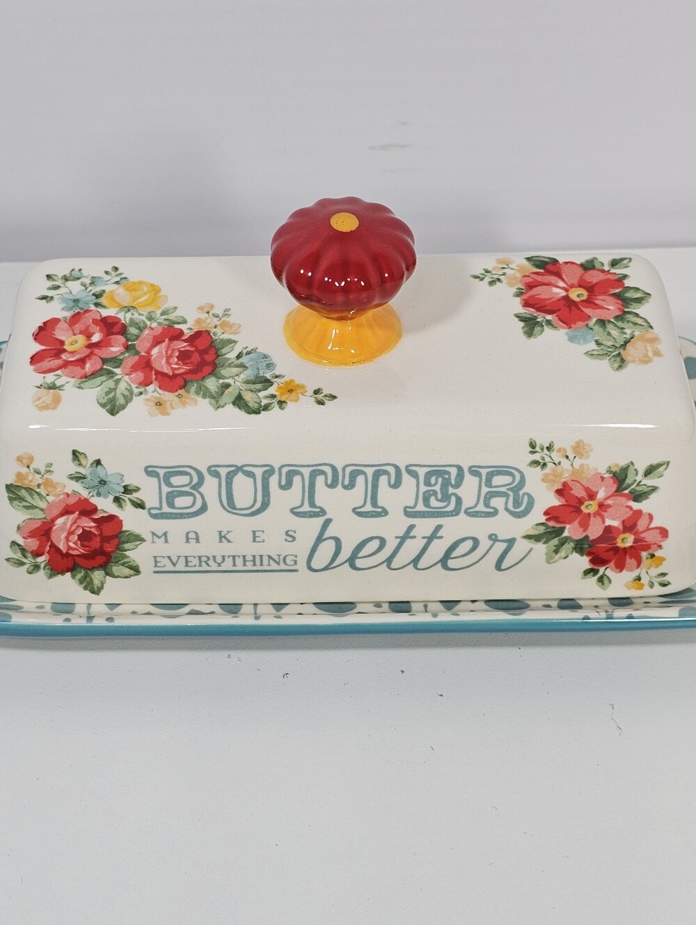 The Pioneer Women Butter Dish Vintage Floral Teal Plate Red Knob 8.5" Stoneware